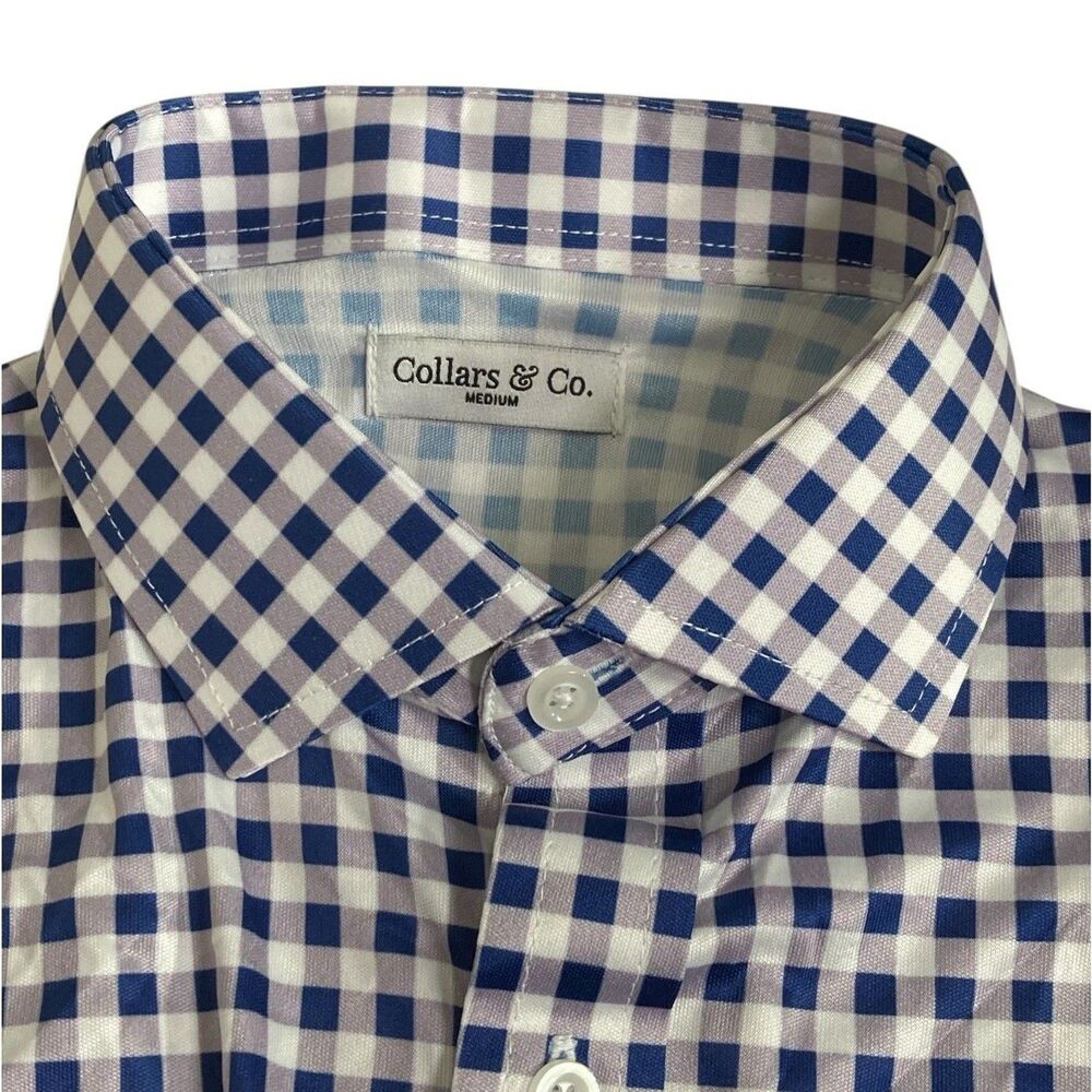 Collars & Co Polo Shirt Mens Medium Purple Gingham Button Up Quattro Flex NEW